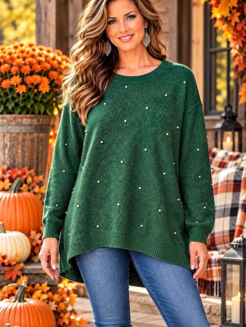 CeCe Scattered Pearl Rhinestone Sweater Green Size 2X